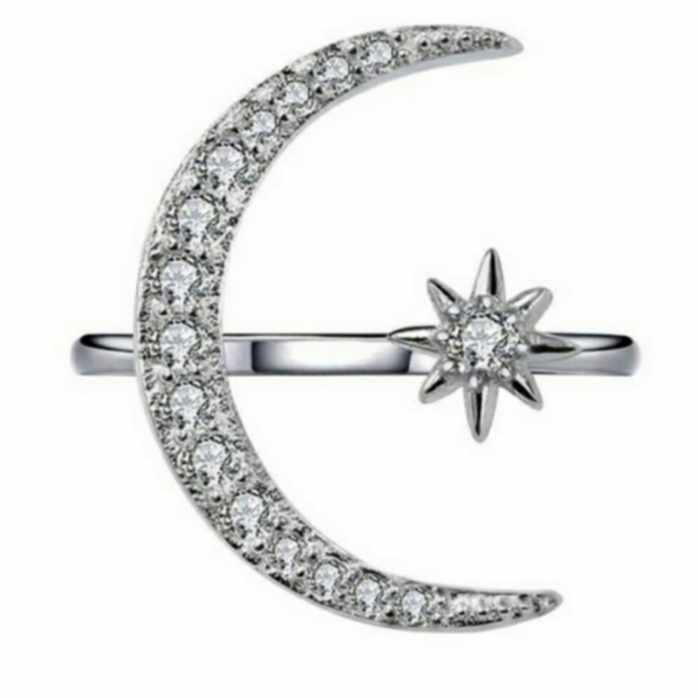 **New*** Silver Crescent Moon & Star Resizeable  Ring